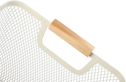 Metal Mesh Steel Basket, Small Wire Storage Organizer Basket Multi-function Hanging Kitchen Basket with Wood Handle for Kitchen Bathroom Picnic Home, Rectangle-Off White