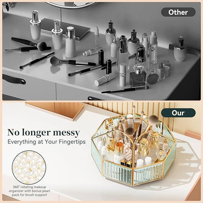 CoralHouse 360° Rotating Makeup Organizer Spinning Vanity Organizer with Makeup Brush Holder for Countertop, Bathroom Storage, Skincare, Perfume & Cosmetic Organizer for Vanity