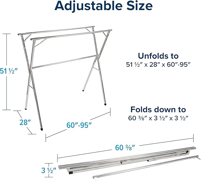 Camco Portable Clothes Drying Rack | Features 3 Horizontal Drying Rods | Extend from 60-inches to 95-inches Long to Provide Plenty of Drying Space | Light Weight Stainless Steel (51339)