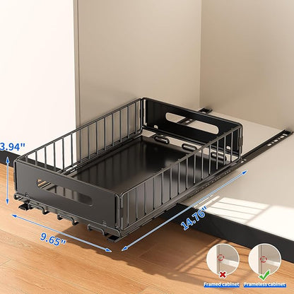 2 Pack Pull Out Cabinet Organizer, Slide Out drawers for cabinets, Heavy Duty Carbon Steel Roll Out Shelves for kitchen, bathroom, under sink, pantry (14.7’’-23.1’’ Slide, Adhesive & Screw)