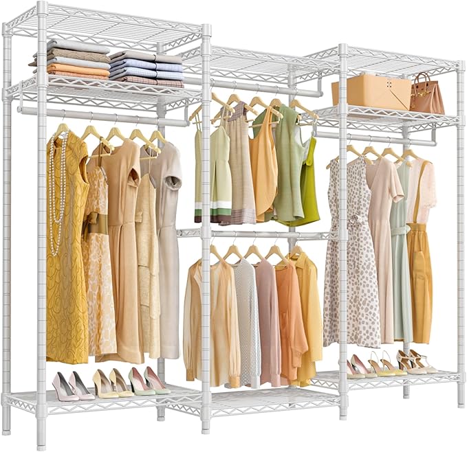 VIPEK V5i Garment Rack Heavy Duty Clothes Rack for Hanging Clothes, Portable Wardrobe Closet Freestanding Clothing Rack with 8 Adjustable Shelves & 4 Hang Rods, 68.9" L x 15.7" W x 76.4" H, White