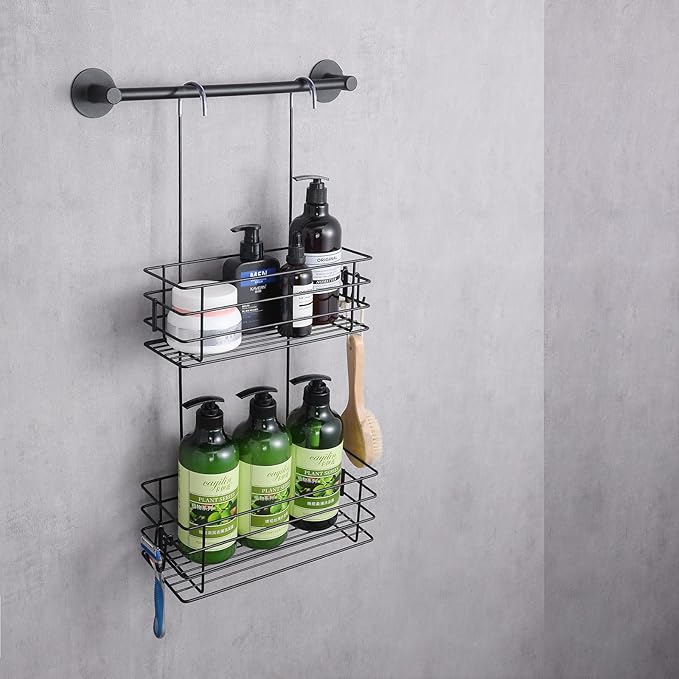 Seltomer Shower Organizer Hanging Shower Caddy with Rotatable Hook bar Over the Door and Can be Hung on the Faucet or Claw Foot, Stainless Steel Rust Proof and Durable （Black）