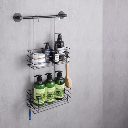 Seltomer Shower Organizer Hanging Shower Caddy with Rotatable Hook bar Over the Door and Can be Hung on the Faucet or Claw Foot, Stainless Steel Rust Proof and Durable （Black）