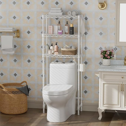 Golpart Over The Toilet Shelf,3-Tier Adjustable Freestanding Metal Bathroom Organizer Shelves with Toilet Paper Holder & Hooks,Space-Saving for Narrow Small Bathroom,10”D x 24”W x 66”H,White