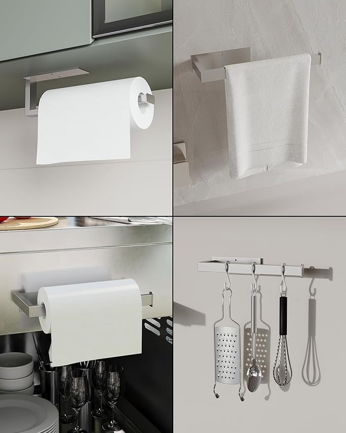 Paper Towel Holder, Paper Towel Holder Under Cabinet Wall Mount or Self Adhesive Paper Towel Bar, Hanging Paper Towel Rack for Kitchen and Bathroom, SUS304 Stainless Steel, Silver