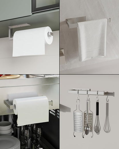 Paper Towel Holder, Paper Towel Holder Under Cabinet Wall Mount or Self Adhesive Paper Towel Bar, Hanging Paper Towel Rack for Kitchen and Bathroom, SUS304 Stainless Steel, Silver