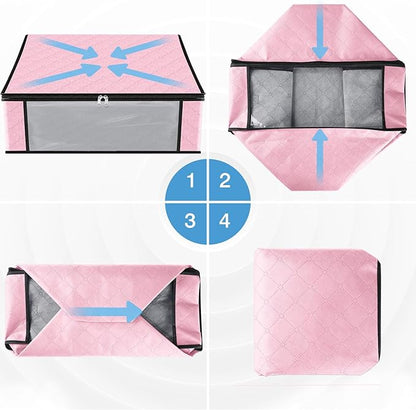 HomeHacks Storage 3-Pack Clothes Organizer Storage Bags Foldable Storage Box with Large Clear Window Sturdy Handles for Closet, Dorm, Pillows, Bedding, Clothes, Blankets, 35L, Pink