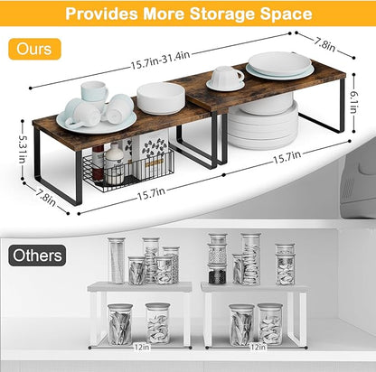 Cabinet Shelf Organizers, 15.7 inches Large Kitchen Counter Shelf, Set of 4 Wood Kitchen Pantry Organizer, Storage Shelves for Countertop, Spice Rack, Stackable, Expandable, Metal Black, Brown