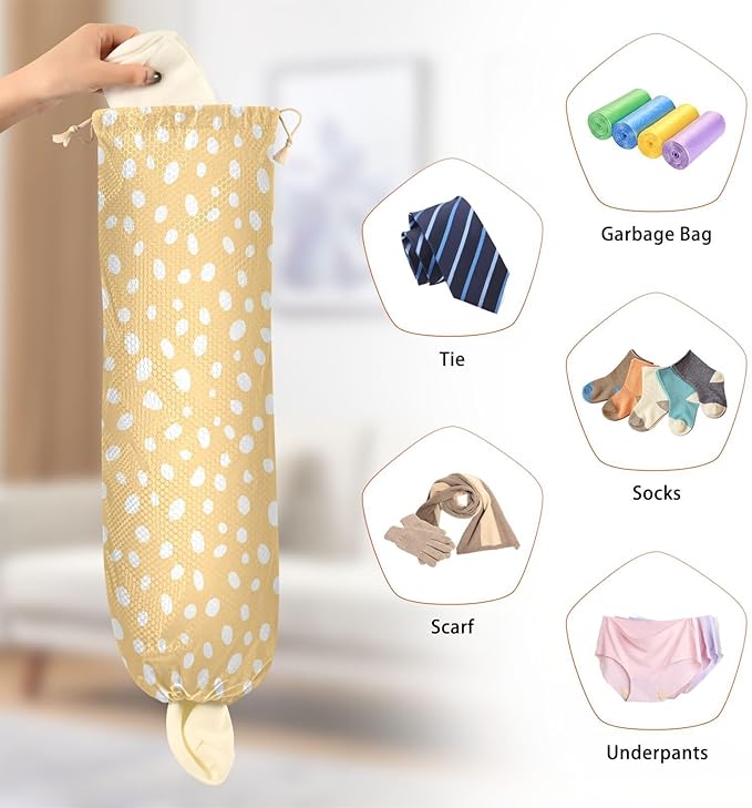 1 PC Plastic Bag Holder Wall Mount Grocery Bag Holder Shopping Bag Trash Bag Storage Organizer Dispenser for Kitchen Closet 22 x 9 Inch White Dots Yellow