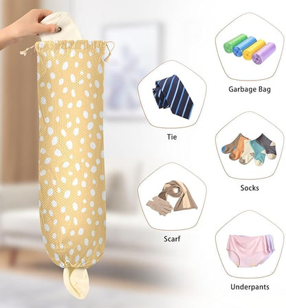 1 PC Plastic Bag Holder Wall Mount Grocery Bag Holder Shopping Bag Trash Bag Storage Organizer Dispenser for Kitchen Closet 22 x 9 Inch White Dots Yellow