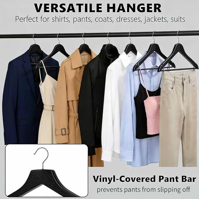 Black Wooden Coat Hangers, Durability Wood Suit Hangers with Non Slip Pant Bar, Solid Wooden Clothes Hangers with Wide Shoulder Design for Shirts, Jackets, Dress, Pants, Sweaters, 30 Pack