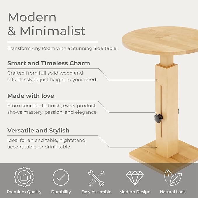 Behomes Aurin Solid Wood Nightstand, Modern Side Table with Adjustable Height, Round End Table, Accent Bedside Table for Bedroom, Living Room, Round Top, Natural