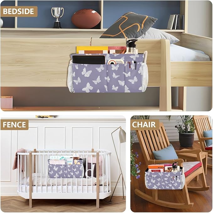 CuwrYet Bedside Caddy Hanging Bunk Bed Caddy Bed Organizer Hanging Pocket with 2 Hooks Bedside Storage Organizer Pocket Bag Holder White Butterfly Purple