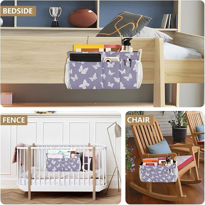 CuwrYet Bedside Caddy Hanging Bunk Bed Caddy Bed Organizer Hanging Pocket with 2 Hooks Bedside Storage Organizer Pocket Bag Holder White Butterfly Purple
