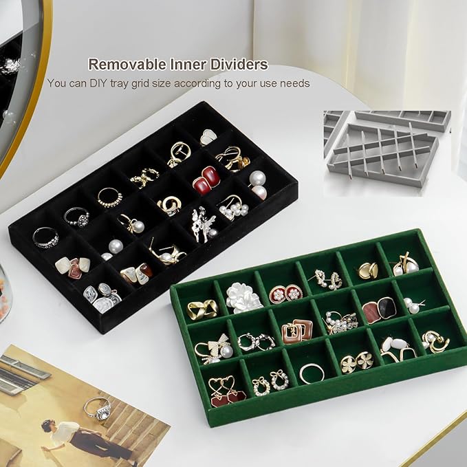 SPAKOWN Jewelry Organizer for Drawer Set of 9, Velvet Jewelry Tray Stackable Jewelry Organizer Display Trays Divided Earring Storage Containers (Black)