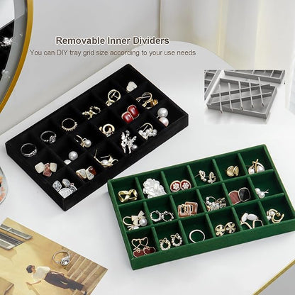 SPAKOWN Jewelry Organizer for Drawer Set of 9, Velvet Jewelry Tray Stackable Jewelry Organizer Display Trays Divided Earring Storage Containers (Green)