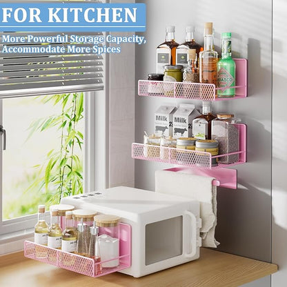 Magnetic Shelf for Washing Machine 4-Pack: Widen Magnetic Laundry Organizer (5"-6") with Hanger Organizer, Strong Magnet, Rust Proof, Heavy Duty Magnetic Spice Rack for Refrigerator (Pink)