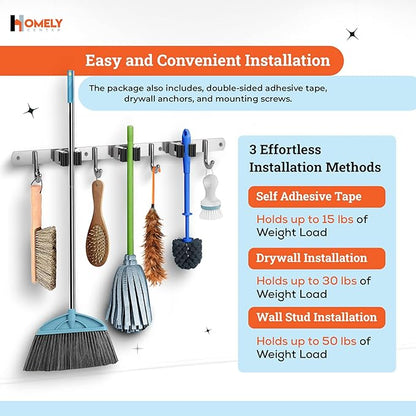 Mop and Broom Holder Wall Mount – Heavy-Duty Closet Organizer for Garage, Kitchen, Laundry Organization – Tool Hanger with 3 racks and 4 hooks