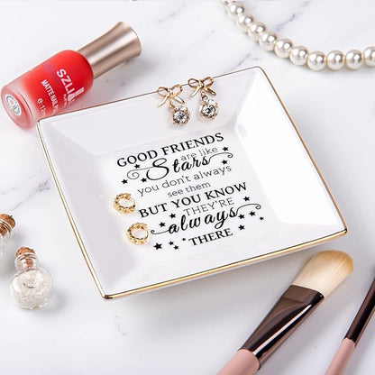 Friend Gifts for Women - Ceramic Ring Trinket Dish Jewelry Tray - Birthday for Her Best Friends Female - Friendship Gifts for Women Friends - Good Friends are Like Stars Gift