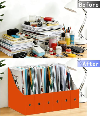 Limitliho Magazine File Folder Holder for Desk, Book Bins for Classroom Library,Office,Home, 10.6" H x 10.2" L x 3.5" W in Cardboard Paper Organizer (Orange Red, 6 Pack)