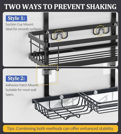 OMAIRA Shower Caddy Hanging with Soap Scrub Holder, Stainless Steel Adjustable No Drilling Non-Slip Large Capacity Sturdy Over Shower Head Shower Organizer Inside Shelves Bathroom Storage Rack, Black