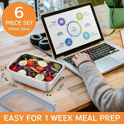 Cykorxicc 6-Piece 304 Stainless Steel Food Storage Containers with Lids, Leakproof & Airtight Bento Lunch Box, Oven/Freezer/Dishwasher Safe,Stackable Kitchen Storage Set