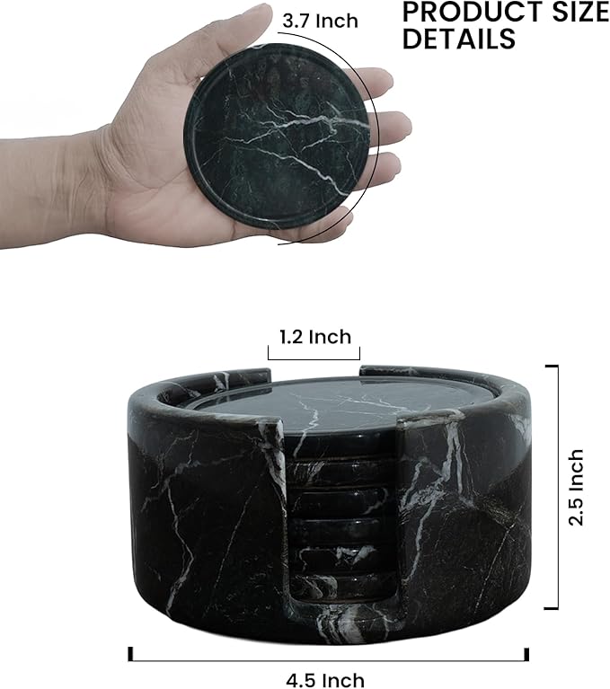 Marble Set of 6-3.7" Round Marble Drink Coasters, Cork Backing Non-Slip, Office Protect Tables from Stains and Scratches, Zebra Black