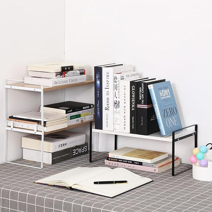 Desk Shelf Organizer for Top of Desk, Detachable 2 Tier Desktop Bookshelf, Wooden Desk Shelves Storage Rack, Small Desktop Shelf for Office Home Dorm, Tabletop Desk Organizer Stand (White+Black)