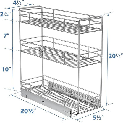 ROOMTEC Pull Out Spice Rack for Narrow Cabinet (5½" W X 20½" D),3 Tier Slide Out Cabinet Organizer and Pull Out Shelves Under Cabinet Storage for Kitchen, Chrome