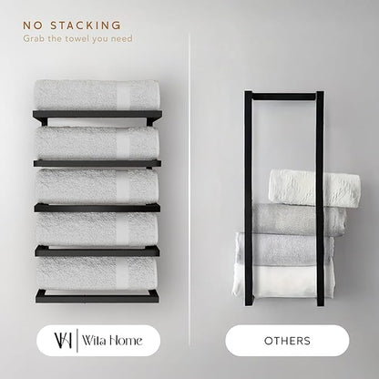 Modern 5-Tier/6-Tier Towel Rack - Wall-Mounted Black Metal Towel Shelf for Bathroom, Space-Saving Storage for Towels, Organizers, and Home Decor (5-Tier)