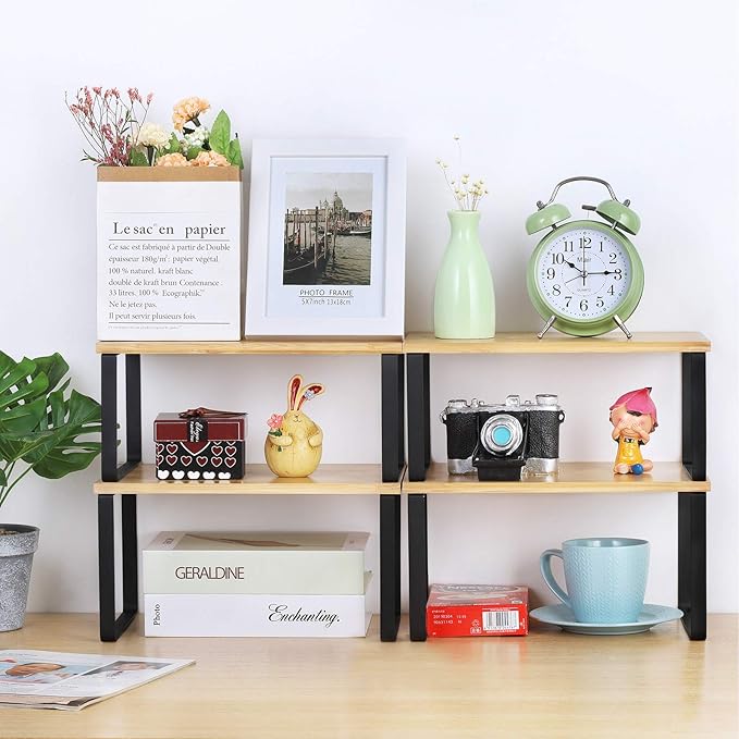 NEX Kitchen Cabinet and Counter Shelf Organizer, Stackable & Expandable, Set of 4, Black and Natural