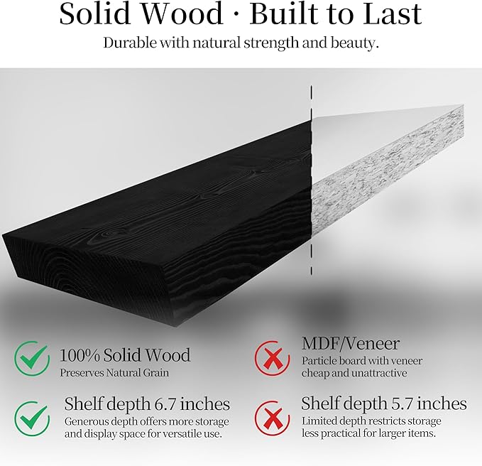 BGMG Wood Floating Shelves 48 inch, Wide Rustic Wooden Wall Shelves for Bathroom Living Room Bedroom Kitchen Farmhouse Set of 2-48x 6.7 x1.25 inch- Black