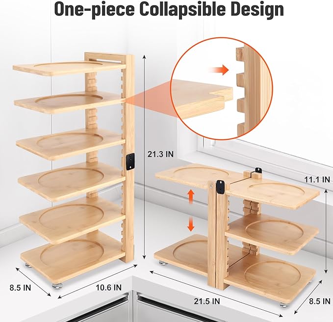 Meecoo Spring 6 Tier Pot Organizer Collapsible with 3 DIY Methods, Adjustable Pots and Pans Organizer Under Cabinet, Heavy Duty Pot Rack Inside Cabinet, Pot Holders Rack for Kitchen