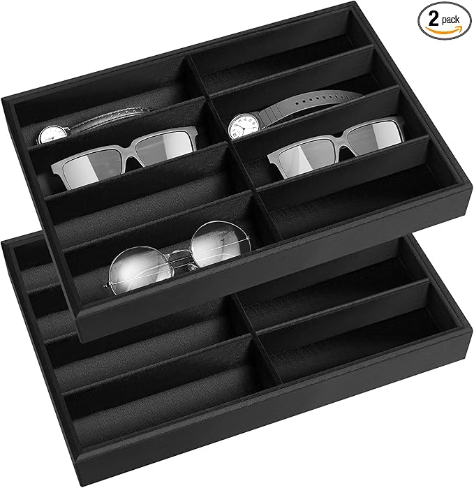 Amylove 2 Pcs Sunglass Organizer Trays Glasses Stackable Jewelry Trays Sunglass Organizer Display Box(8 Grids,Black)