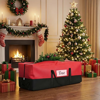 Christmas Tree Storage Bag - Fits Up to 8 Ft Tall Artificial Trees, Heavy Duty Holiday Storage Box With Reinforced Handles, Zipper & Transparent Pocket - 600D Oxford Container, Red