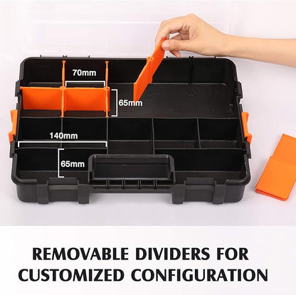 MIXPOWER 15-inch 2pcs Toolbox Organizer Sets, 20 Removable Dividers, Durable Plastic Box, Excellent for Screws, Nuts, Small Parts, 34-Compartment Black/Orange 2 Pieces Set