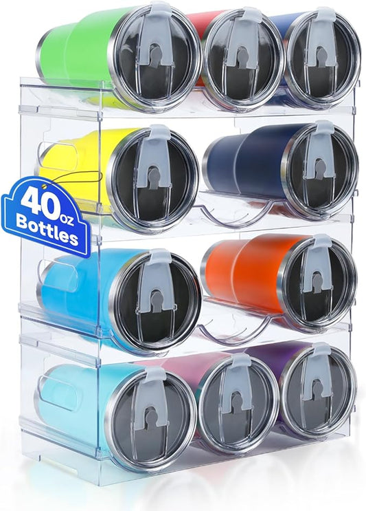 [Large Compartment] Water Bottle Organizer for Stanley 40 oz, 4 Pack Stackable Water Bottle Organizer, Clear Water Bottle Holder for Tumbler Travel Mug Cup, Kitchen Pantry Organization and Storage