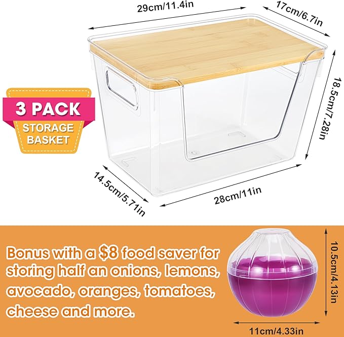 4 Set Pantry Organizers and Potato Onion Storage Bins, Stackable Kitchen Counter Cabinet Basket for Produce, Fruit, Vegetable, Snack Storage, Laundry Organizer Trash Bag Holder with Bamboo Lid
