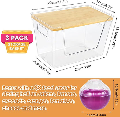 4 Set Pantry Organizers and Potato Onion Storage Bins, Stackable Kitchen Counter Cabinet Basket for Produce, Fruit, Vegetable, Snack Storage, Laundry Organizer Trash Bag Holder with Bamboo Lid