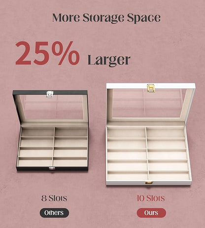 sensok Sunglasses Organizer Storage Box - 10 Slots Eyeglass Display Case for Multiple Pair Glasses, Sunglass Holder with Clear Glass Lid, Jewelry and Watch Collection Box for Women and Men, White