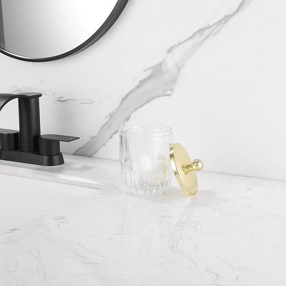 Indecor Home Clear Transparent Apothecary Vertical Wavy Glass Jar With Gold Metal Lid Cover for Bathroom Organization, Cotton Balls, Q Tips, and Small Accessories, Bathroom Storage