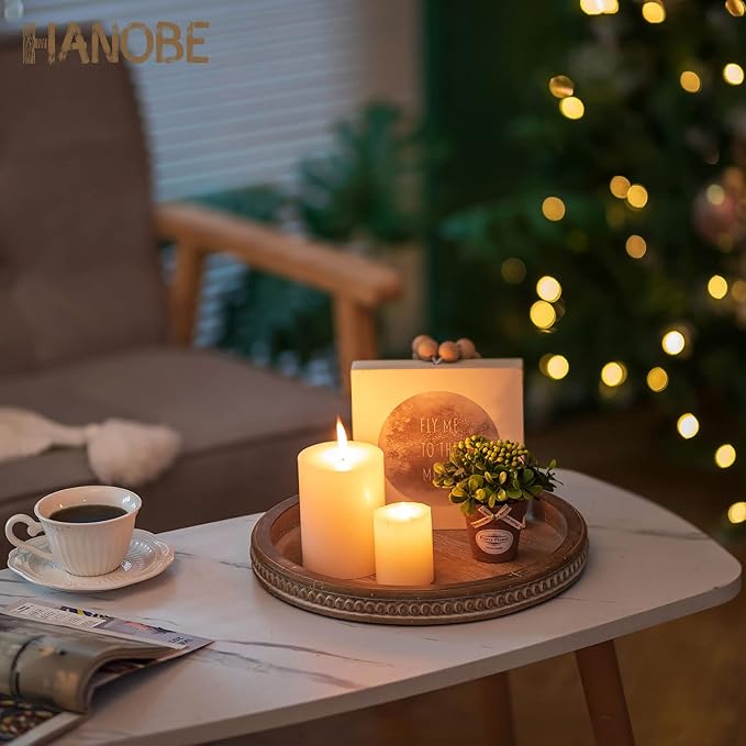 Hanobe Candle Tray Holder Decorative: Round Coffee Table Home Decor Centerpiece Boho Serving Trays for Living Room Kitchen