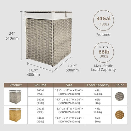 Woven Laundry Hamper with Lid,34 Gal(130 L) Rattan Wicker Laundry Basket 2 Sections with Lid, Removable Machine Washable Line, Large Clothes Hamper with Handles for Bathroom Bedroom, Gray