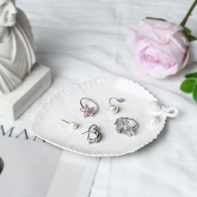 Ceramic Jewelry Dish, Decorative Tray for Rings Earrings Necklaces Bracelet Watch Keys, 4.50" Trinket Tray as Gifts for Women (White Leaf)