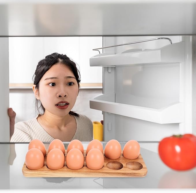 Homoyoyo Wooden Egg Tray 12 Egg Holder for Fridge Kitchen Storage Acacia Wood Fresh Organizer 11.85X4.4X0.78 Inches