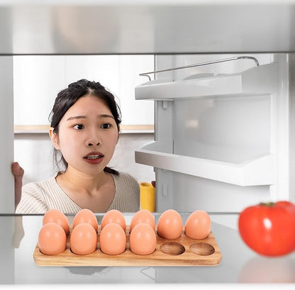 Homoyoyo Wooden Egg Tray 12 Egg Holder for Fridge Kitchen Storage Acacia Wood Fresh Organizer 11.85X4.4X0.78 Inches