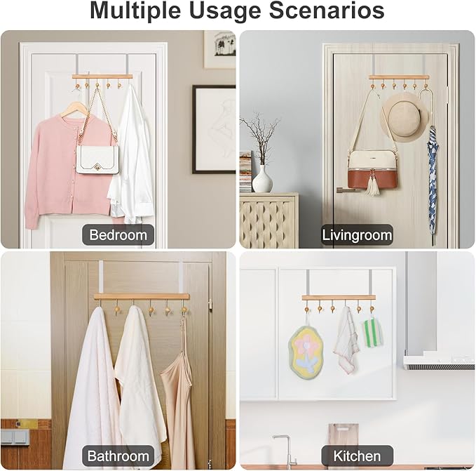TOPIA HANGER Over The Door Hooks for Hanging, Towel Hooks Towel Racks for Bathroom, Coat Hooks Coat Rack Over The Door Organizer Hanging, Wooden Door Hangers for Coat Towel Hat Purse CT72N - 2 Pack