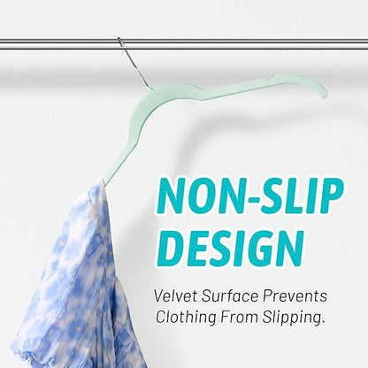 Sishynio Velvet Hangers 50 Pack – Slim Non-Slip Flocked Hangers with Notches, Space-Saving Closet Organizer for Dresses, Blouses, Coats(Green)