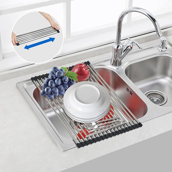 AXIMIXAME Expandable Large Draining Rack, Roll Up Heat-Resistant Dish Drainer for Stainless Steel Sinks, Collapsible Over The Sink Rack Non-Slip Silicone Rolling Up Rack 18 Tube