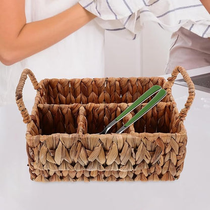 Hyacinth Woven Storage Basket for Cutlery Organization Rustic Tableware Holder for Home Kitchen and Picnics Versatile Sundries Basket with Compartments